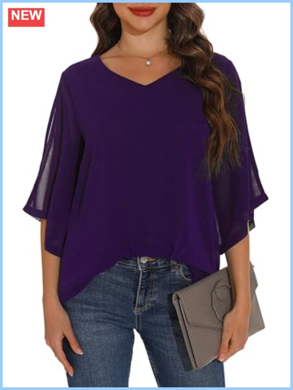 Chiffon Blouse 3/4 Ruffle Sleeve V Neck Double Layer Dressy Top